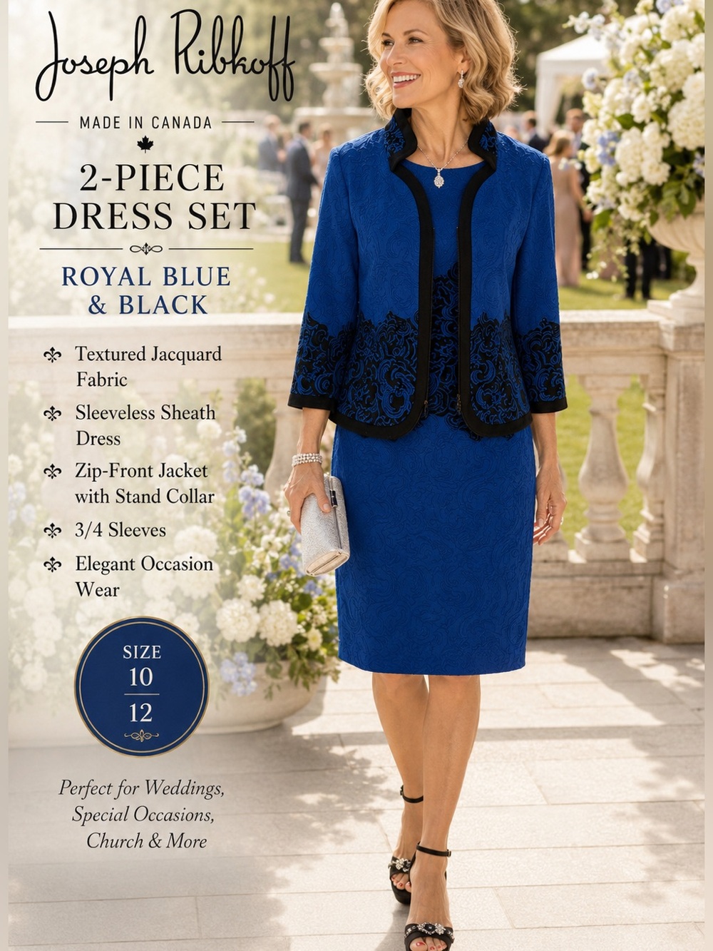 Joseph Ribkoff Occasion Dress & Jacket Set Royal Blue Black Textured Jacquard/10